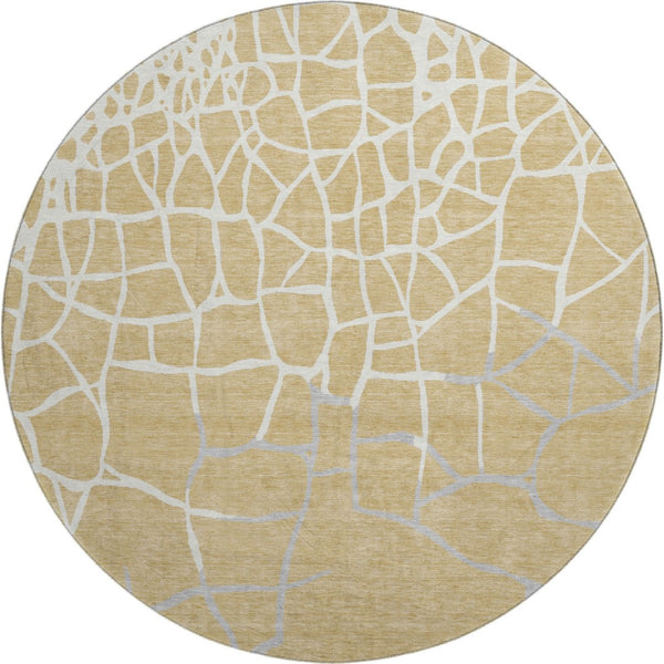 HomeRoots 8' Gold Ivory and Gray Abstract Geometric Round Rug - Washable, UV Protected, Perfect for High-Traffic Areas 682274