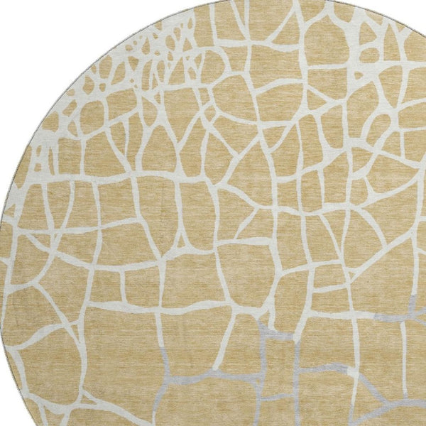 HomeRoots 8' Gold Ivory and Gray Abstract Geometric Round Rug - Washable, UV Protected, Perfect for High-Traffic Areas 682274
