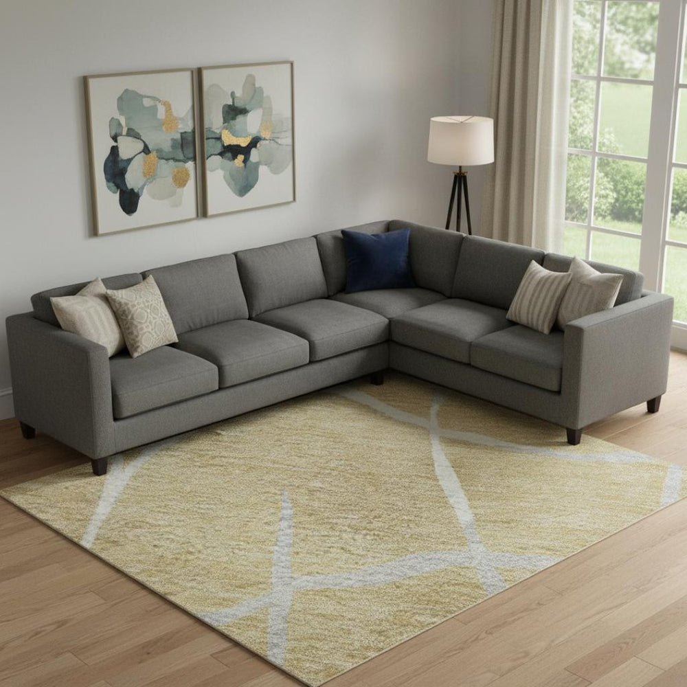 HomeRoots 9' X 12' Washable Gold Ivory & Gray Abstract Geometric Area Rug with UV Protection for Modern Spaces 682276