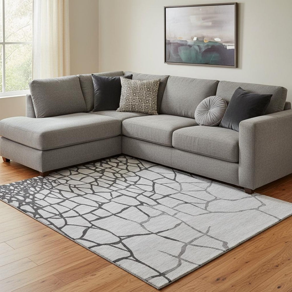 HomeRoots 10' X 14' Modern Gray Charcoal Abstract Area Rug - Washable, UV Protected, Durable for Busy Homes 682283