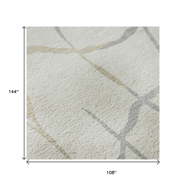 HomeRoots 9' X 12' Abstract Geometric Area Rug in Ivory Taupe & Gray – Durable, Washable, UV Protected Design 682288