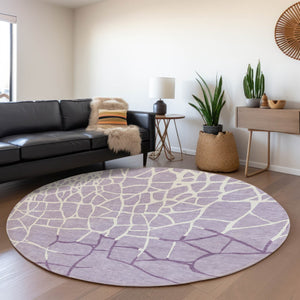 HomeRoots 8' Lavender and Ivory Abstract Geometric Round Rug - Washable, UV Protected, Family-Friendly Design! 682292
