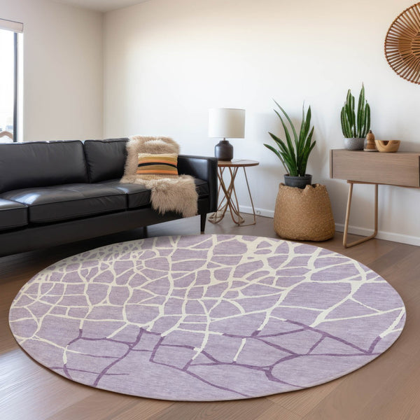 HomeRoots 8' Lavender and Ivory Abstract Geometric Round Rug - Washable, UV Protected, Family-Friendly Design! 682292