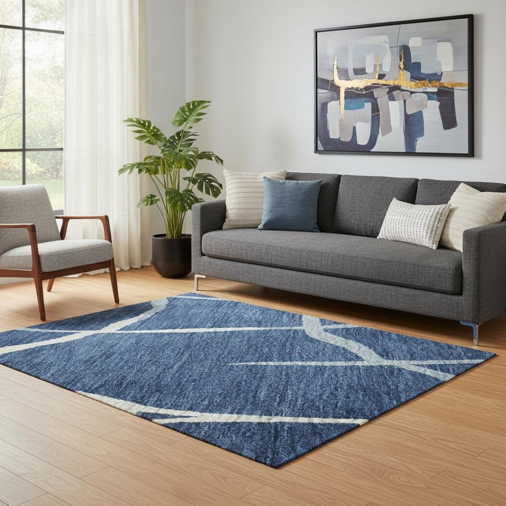 HomeRoots 5' X 8' Navy Blue & Ivory Abstract Area Rug – Washable, Stain Resistant, UV Protected for Modern Homes 682297
