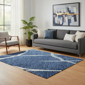 HomeRoots 5' X 8' Navy Blue & Ivory Abstract Area Rug – Washable, Stain Resistant, UV Protected for Modern Homes 682297