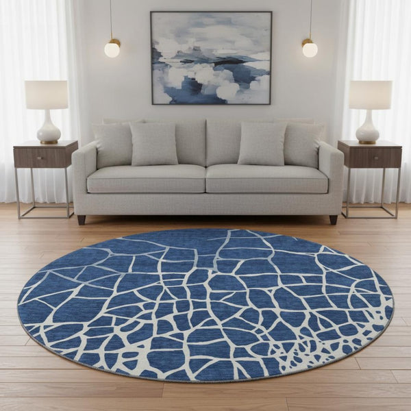 HomeRoots 8' Navy Blue & Ivory Abstract Geometric Round Rug - Washable, UV Protected, Pet-Friendly Comfort 682298