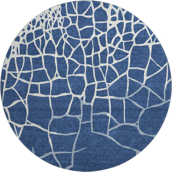 HomeRoots 8' Navy Blue & Ivory Abstract Geometric Round Rug - Washable, UV Protected, Pet-Friendly Comfort 682298