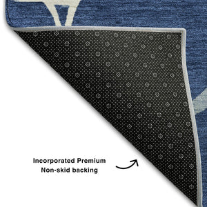 HomeRoots 8' Navy Blue & Ivory Abstract Geometric Round Rug - Washable, UV Protected, Pet-Friendly Comfort 682298