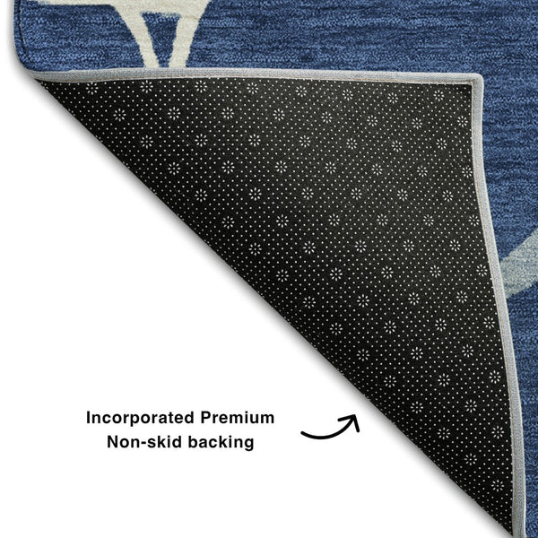 HomeRoots 8' Navy Blue & Ivory Abstract Geometric Round Rug - Washable, UV Protected, Pet-Friendly Comfort 682298