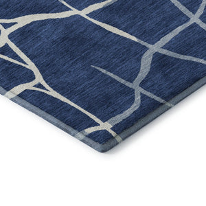 HomeRoots 8' Navy Blue & Ivory Abstract Geometric Round Rug - Washable, UV Protected, Pet-Friendly Comfort 682298