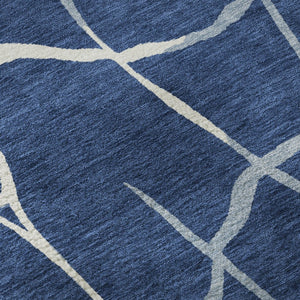 HomeRoots 8' Navy Blue & Ivory Abstract Geometric Round Rug - Washable, UV Protected, Pet-Friendly Comfort 682298
