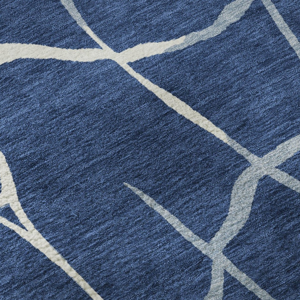 HomeRoots 8' Navy Blue & Ivory Abstract Geometric Round Rug - Washable, UV Protected, Pet-Friendly Comfort 682298