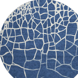 HomeRoots 8' Navy Blue & Ivory Abstract Geometric Round Rug - Washable, UV Protected, Pet-Friendly Comfort 682298