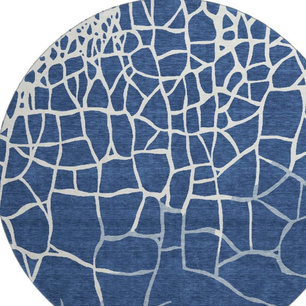 HomeRoots 8' Navy Blue & Ivory Abstract Geometric Round Rug - Washable, UV Protected, Pet-Friendly Comfort 682298