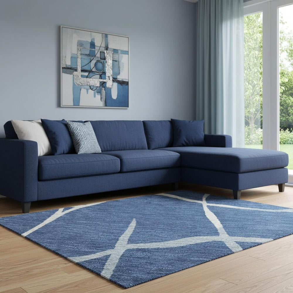 HomeRoots 8' X 10' Navy Blue & Ivory Abstract Geometric Area Rug – Washable, UV Protected, Stain Resistant Design 682299