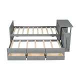 English Elm Twin Size Multifunctional Wood Platform Bed With Desk and Storage Shelf At The End Of The Bed, Built-In Trundle and 3 Drawers, Gray