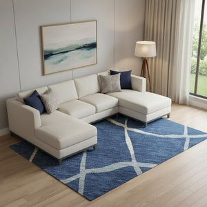 HomeRoots 9' X 12' Navy Blue & Ivory Abstract Geometric Area Rug – Washable, UV-Protected, Family-Friendly Decor 682300