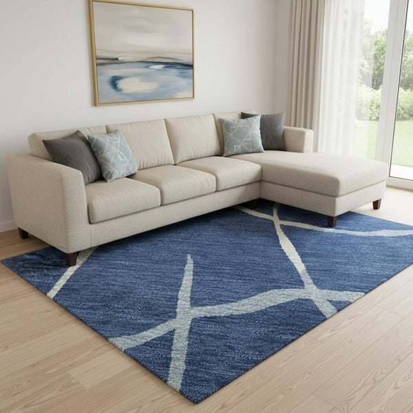 HomeRoots 10' X 14' Navy Blue & Ivory Abstract Geometric Area Rug - Washable, UV Protected for Indoor/Outdoor Use 682301
