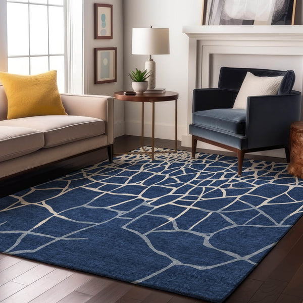 HomeRoots 10' X 14' Navy Blue & Ivory Abstract Geometric Area Rug - Washable, UV Protected for Indoor/Outdoor Use 682301