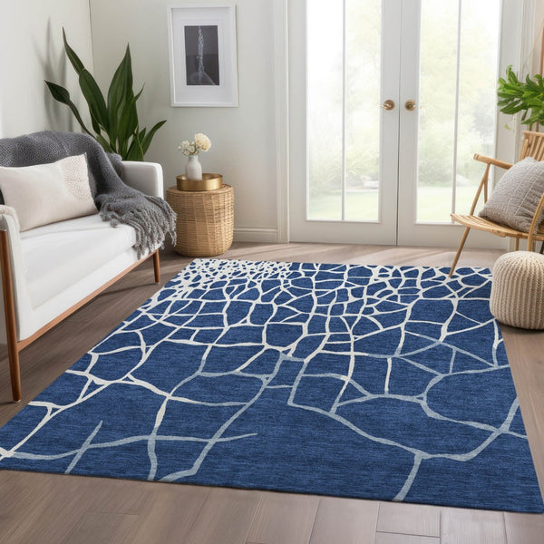 HomeRoots 10' X 14' Navy Blue & Ivory Abstract Geometric Area Rug - Washable, UV Protected for Indoor/Outdoor Use 682301