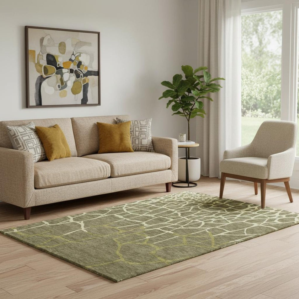 HomeRoots 5' X 8' Olive Green & Beige Abstract Geometric Area Rug – Washable, UV Protected, Durable & Stylish 682303