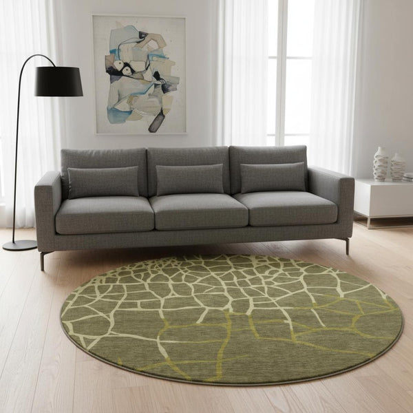 HomeRoots 8' Olive Green & Beige Abstract Geometric Round Rug – Washable, UV Protected, Pet-Friendly Design 682304