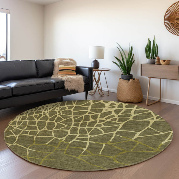 HomeRoots 8' Olive Green & Beige Abstract Geometric Round Rug – Washable, UV Protected, Pet-Friendly Design 682304