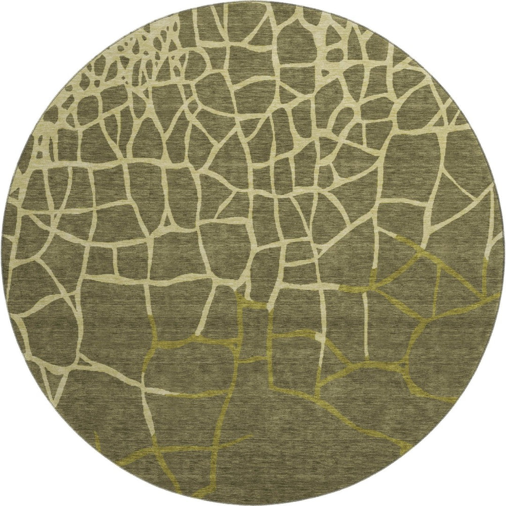 HomeRoots 8' Olive Green & Beige Abstract Geometric Round Rug – Washable, UV Protected, Pet-Friendly Design 682304