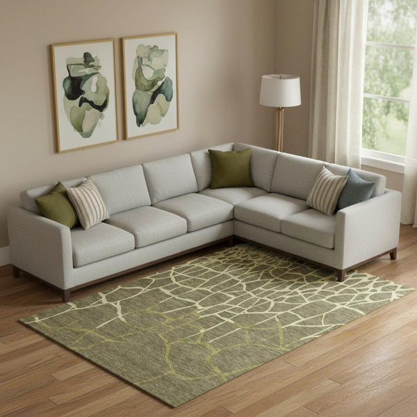 HomeRoots 9' X 12' Olive Green & Beige Geometric Area Rug - Washable, UV-Protected, Stylish & Durable Design! 682306