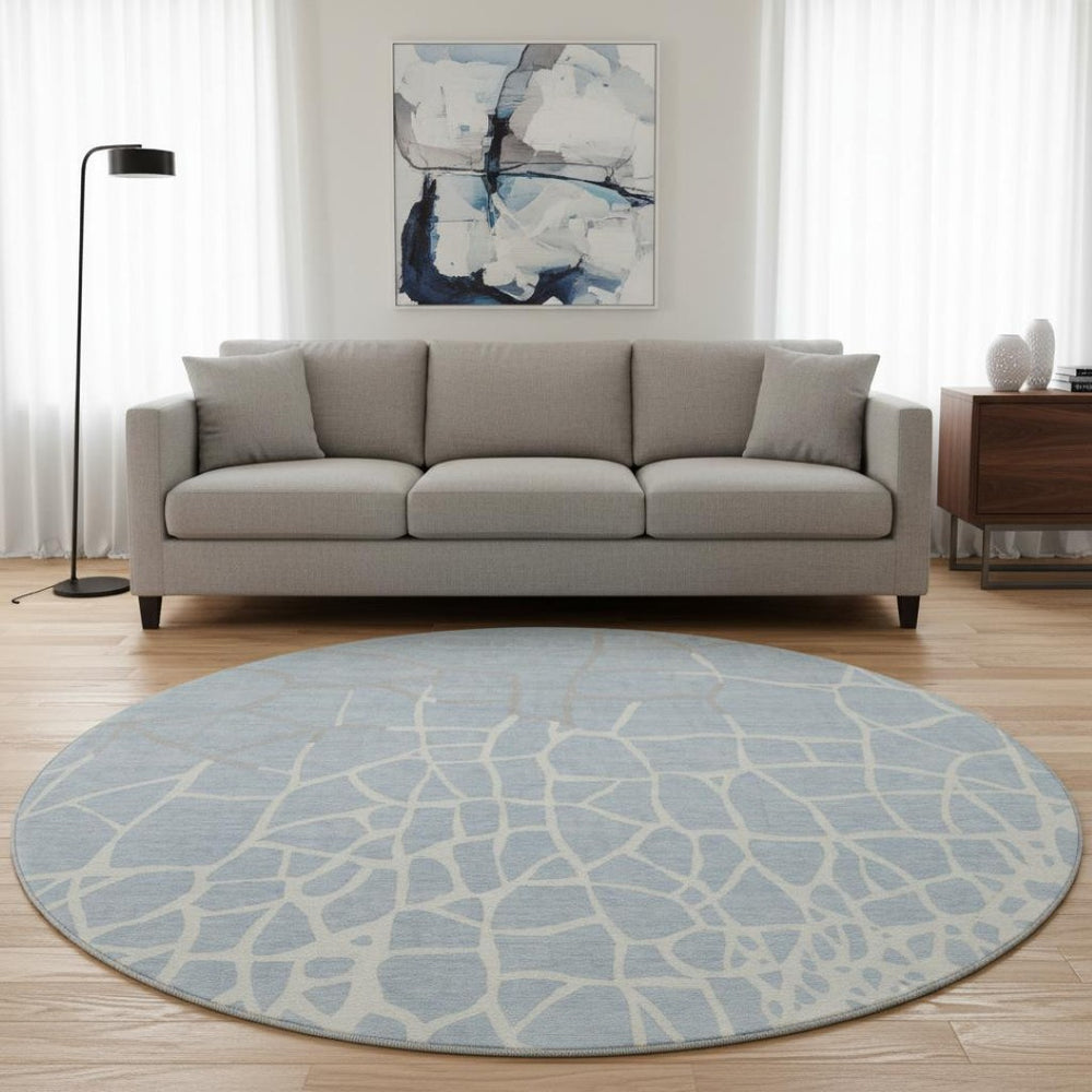 HomeRoots 8' Sky Blue Ivory and Gray Abstract Geometric Round Rug – Washable, UV-Protected, Durable Design! 682310