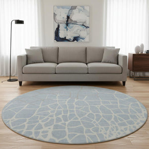 HomeRoots 8' Sky Blue Ivory and Gray Abstract Geometric Round Rug – Washable, UV-Protected, Durable Design! 682310