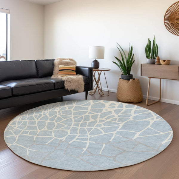 HomeRoots 8' Sky Blue Ivory and Gray Abstract Geometric Round Rug – Washable, UV-Protected, Durable Design! 682310