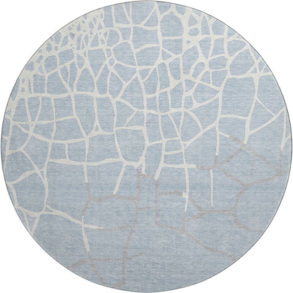 HomeRoots 8' Sky Blue Ivory and Gray Abstract Geometric Round Rug – Washable, UV-Protected, Durable Design! 682310