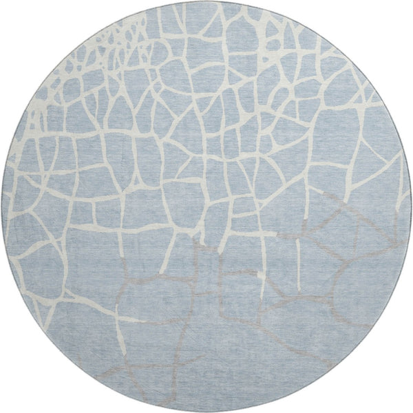 HomeRoots 8' Sky Blue Ivory and Gray Abstract Geometric Round Rug – Washable, UV-Protected, Durable Design! 682310