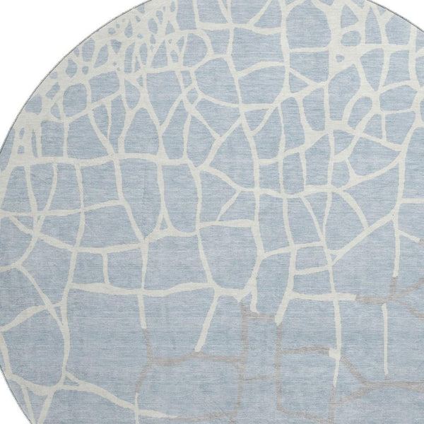 HomeRoots 8' Sky Blue Ivory and Gray Abstract Geometric Round Rug – Washable, UV-Protected, Durable Design! 682310