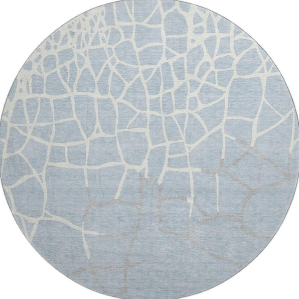 HomeRoots 8' Sky Blue Ivory and Gray Abstract Geometric Round Rug – Washable, UV-Protected, Durable Design! 682310