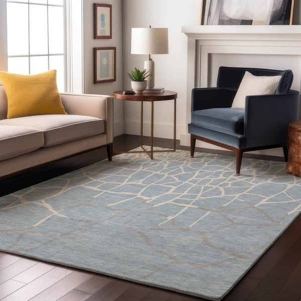 HomeRoots 9' X 12' Sky Blue and Ivory Abstract Geometric Area Rug - Washable, UV-Protected, Durable Design 682312