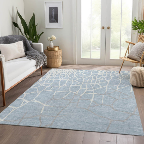 HomeRoots 9' X 12' Sky Blue and Ivory Abstract Geometric Area Rug - Washable, UV-Protected, Durable Design 682312