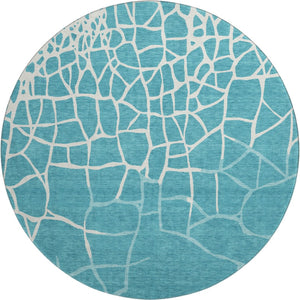 HomeRoots 8' Teal and Ivory Abstract Geometric Round Rug - Washable, UV Protected, Perfect for Active Homes! 682316