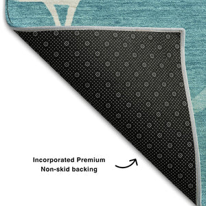 HomeRoots 8' Teal and Ivory Abstract Geometric Round Rug - Washable, UV Protected, Perfect for Active Homes! 682316