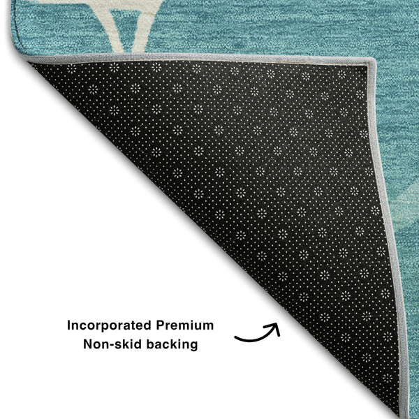 HomeRoots 8' Teal and Ivory Abstract Geometric Round Rug - Washable, UV Protected, Perfect for Active Homes! 682316