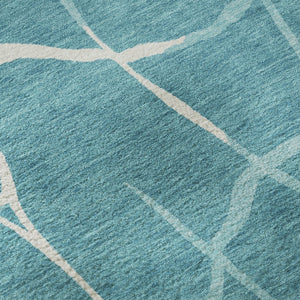 HomeRoots 8' Teal and Ivory Abstract Geometric Round Rug - Washable, UV Protected, Perfect for Active Homes! 682316