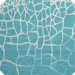 HomeRoots 8' Teal and Ivory Abstract Geometric Round Rug - Washable, UV Protected, Perfect for Active Homes! 682316