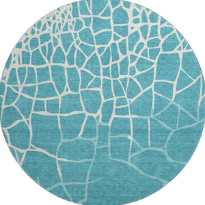 HomeRoots 8' Teal and Ivory Abstract Geometric Round Rug - Washable, UV Protected, Perfect for Active Homes! 682316