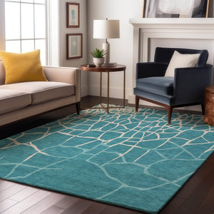 HomeRoots 8' X 10' Teal & Ivory Abstract Geometric Area Rug - Washable, Stain Resistant, UV Protected Design 682317