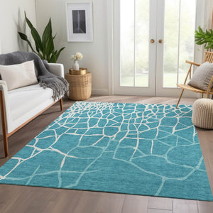 HomeRoots 8' X 10' Teal & Ivory Abstract Geometric Area Rug - Washable, Stain Resistant, UV Protected Design 682317