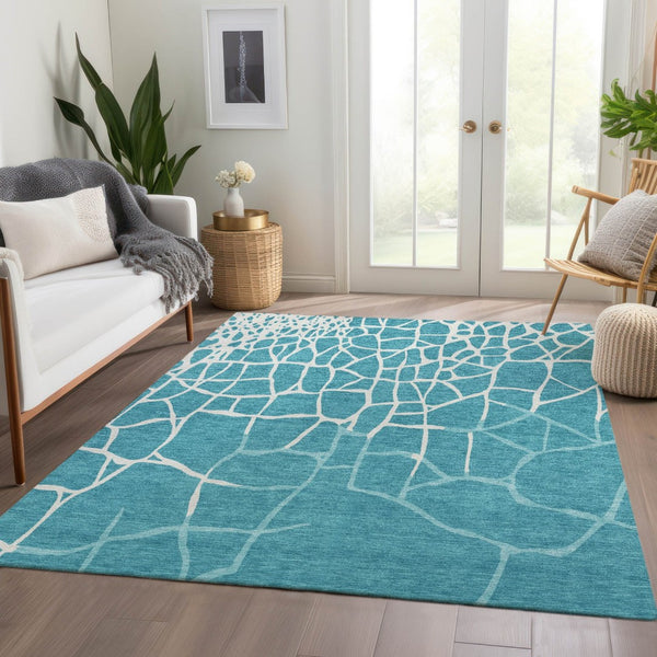 HomeRoots 8' X 10' Teal & Ivory Abstract Geometric Area Rug - Washable, Stain Resistant, UV Protected Design 682317