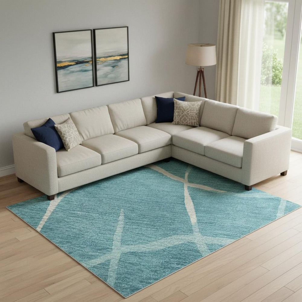 HomeRoots 9' X 12' Teal And Ivory Abstract Geometric Area Rug - Washable, UV Protected, Stylish & Durable! 682318