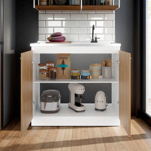 English Elm White and Oak Two-tone Kitchen Pantry Cabinet with Double Doors Three Interior Shelves B062S01868