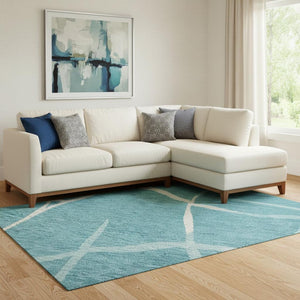 HomeRoots 10' X 14' Teal and Ivory Abstract Geometric Area Rug - Washable, UV Protected for Busy Homes! 682319
